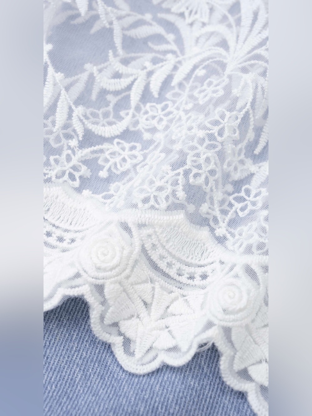 Women Denim Patchwork White Lace Trim Jeans - Picture 5 of 7